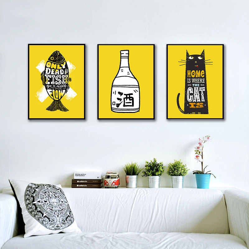 Набор из 3 принтов в виде рыбы и кота художественное оформление на стену любовь