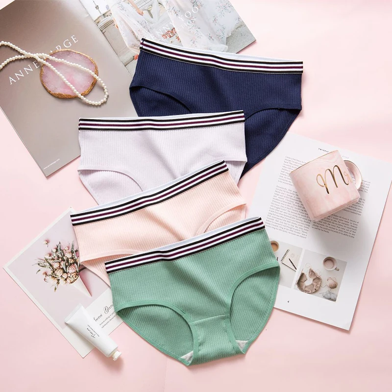 

6pcs Women's Thread Cotton Mid-Waist Breathable Solid Color Underwear Women's Striped Elastic Bag Hip Pants Women Panties