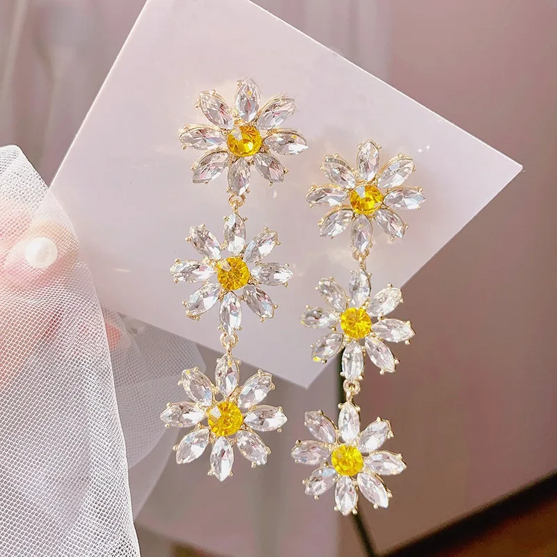

MENGJIQIAO Korean Elegant Yellow Crystal Flower Petal Tassel Drop Earrings For Women Students Fashion Party Pendientes Jewelry