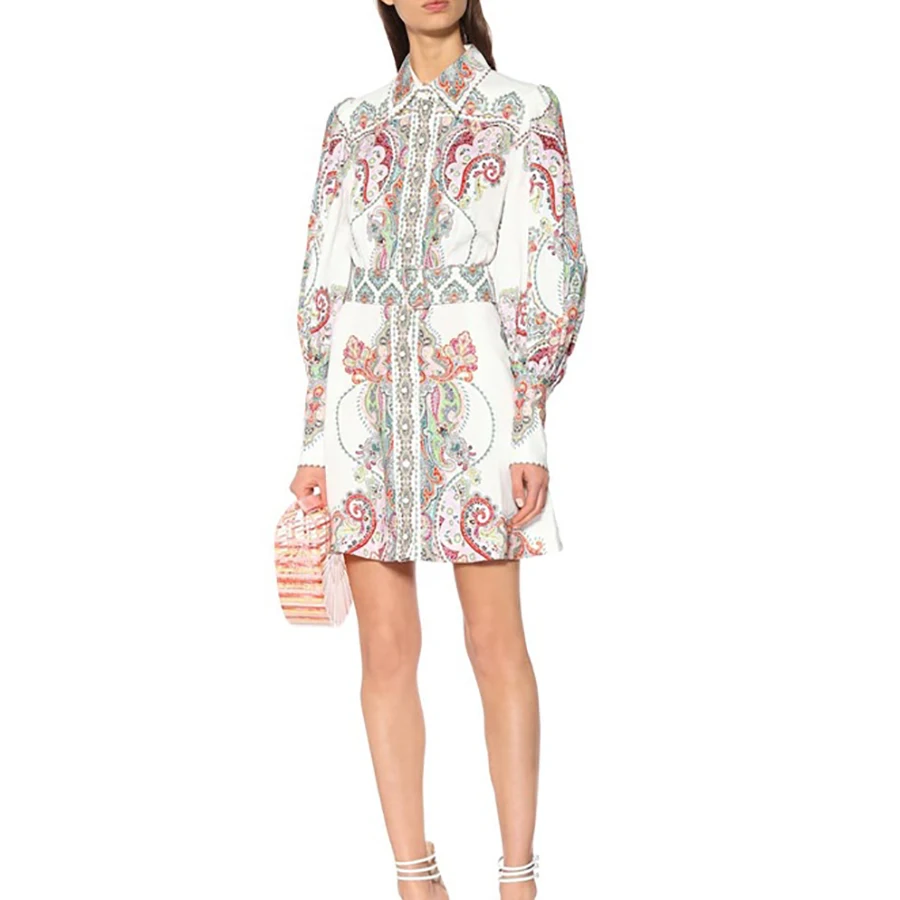 

2019 Summer New Floral Print Women Dress Vintage Palace Style Dress Single Breasted Puff Sleeve Drawstring Exquisite Mini Dress