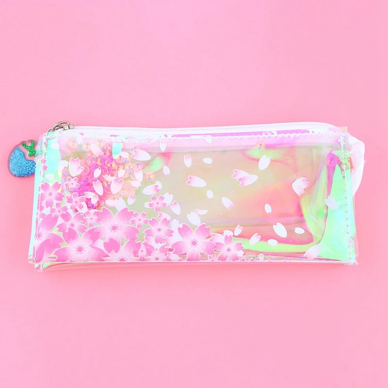 HOT-Transparent Pink Sakura Shiny Pencil Case School Supplies Pencil Bag Cute Stationery Office School Supplies
