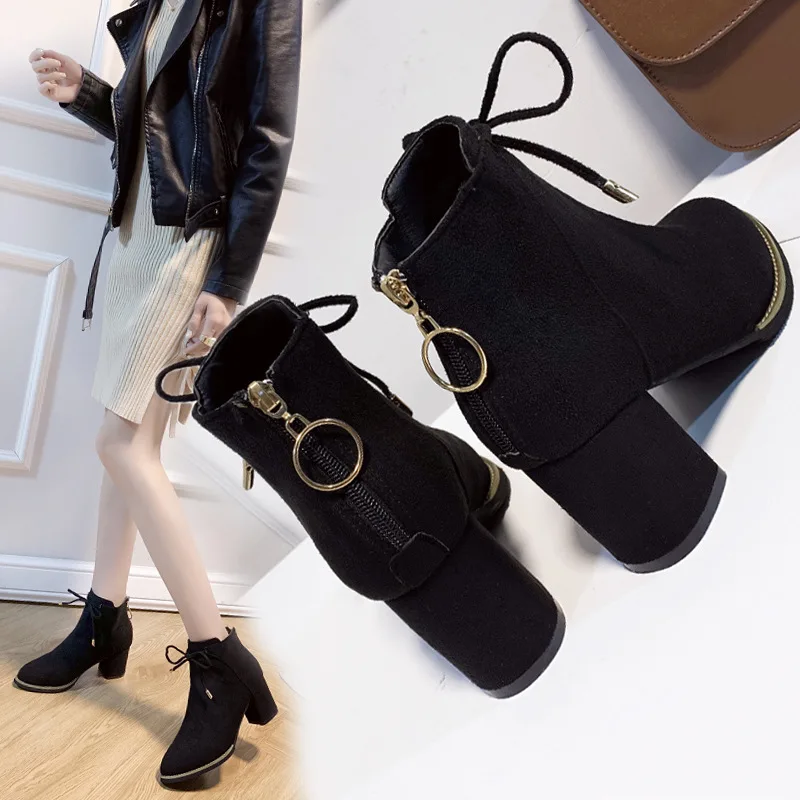 

2019 Autumn New Style Bow after Zipper Semi-high Heeled Boots British Style Martin Boots Simple Versatile Chunky-Heel Short Boot