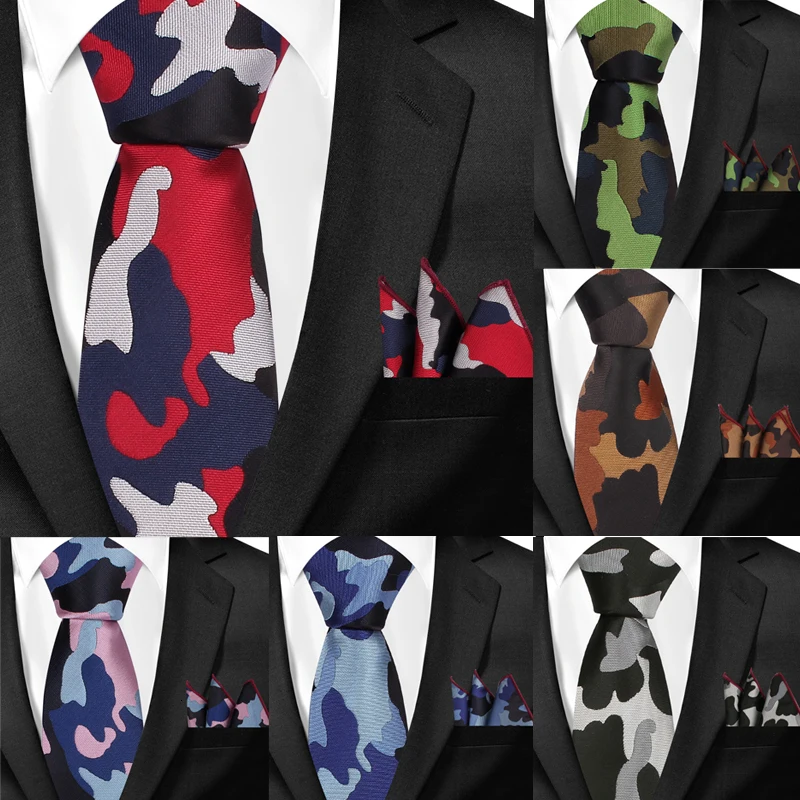 Классические камуфляжные Галстуки для шеи и карманные Квадратные наборы для мужчин Повседневный тонкий галстук и носовой платок Набор Gravatas обтягивающие мужские галстуки