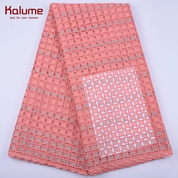 

Kalume Very High Quality African Swiss Cotton Lace Fabric Peach Nigerian Swiss Voile Lace Fabric WIth Stone For Dress Party 1977
