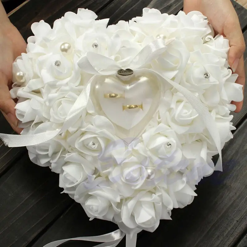 Woneart Romantic Rose Wedding Ring Cushion Ring Box Heart Shaped Wedding Ring Pillow with Elegant Satin Flower Floral 