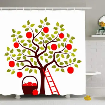 

Shower Curtain Set with Hooks 60x72 Tree Orchard Ripe Food Ladder Health Fall Farm Basket Apples Nature Branch Vegetarian Brown