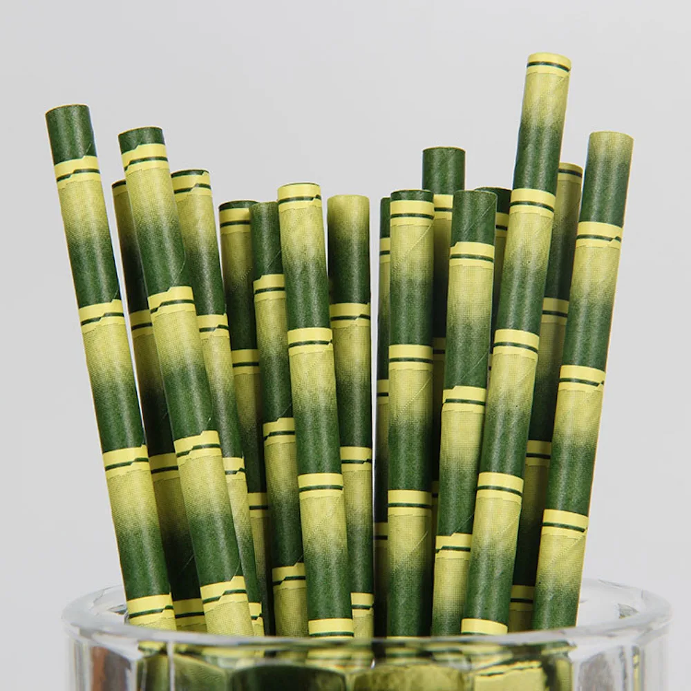 

100x Degradable Kraft Paper Suction Tube Bamboo pattern Straws For Party Baby Wedding Shower Decoration Gift Party Event Supply
