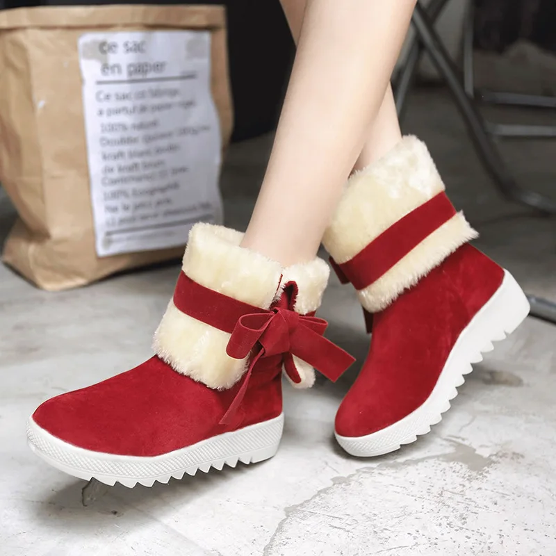 Качественные женские зимние ботинки; теплые зимние ботинки на меху; повседневные ботильоны с милым бантом; красные рождественские ботинки; женская зимняя обувь; P188