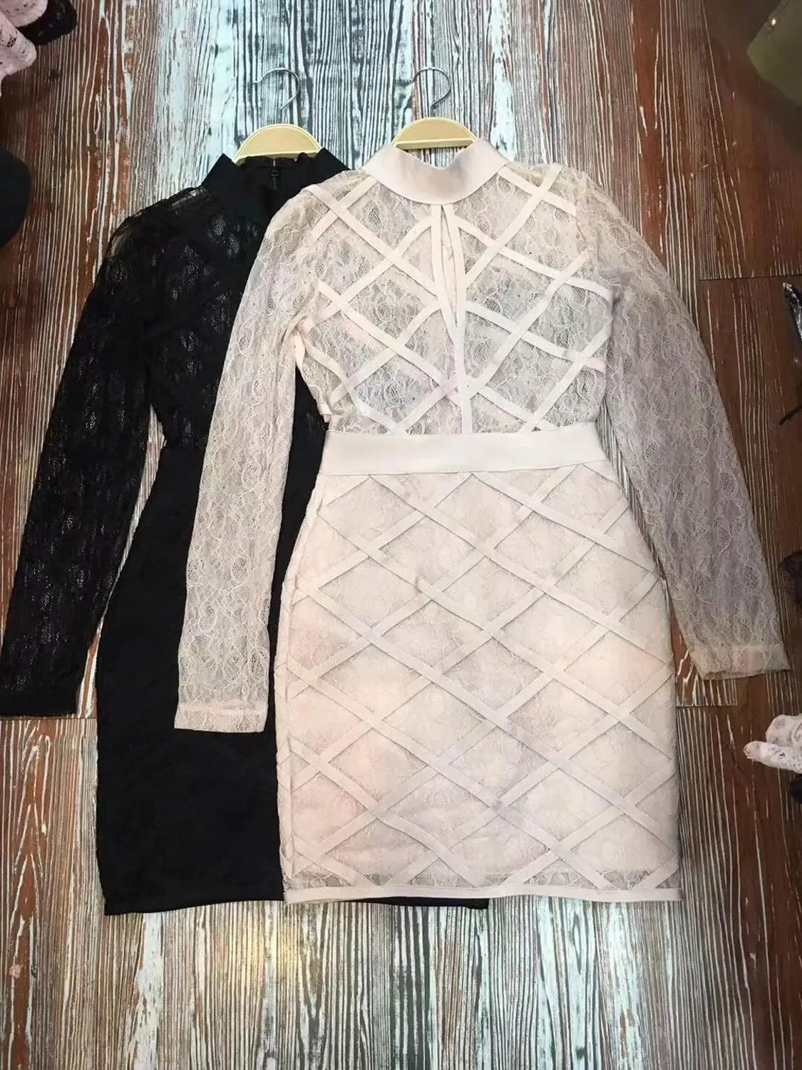 Drop Shipping Hot New Arrival Lace Design Long Sleeves Sexy High Neck Mini Club Celebrity Party Rayon Bandage Dress