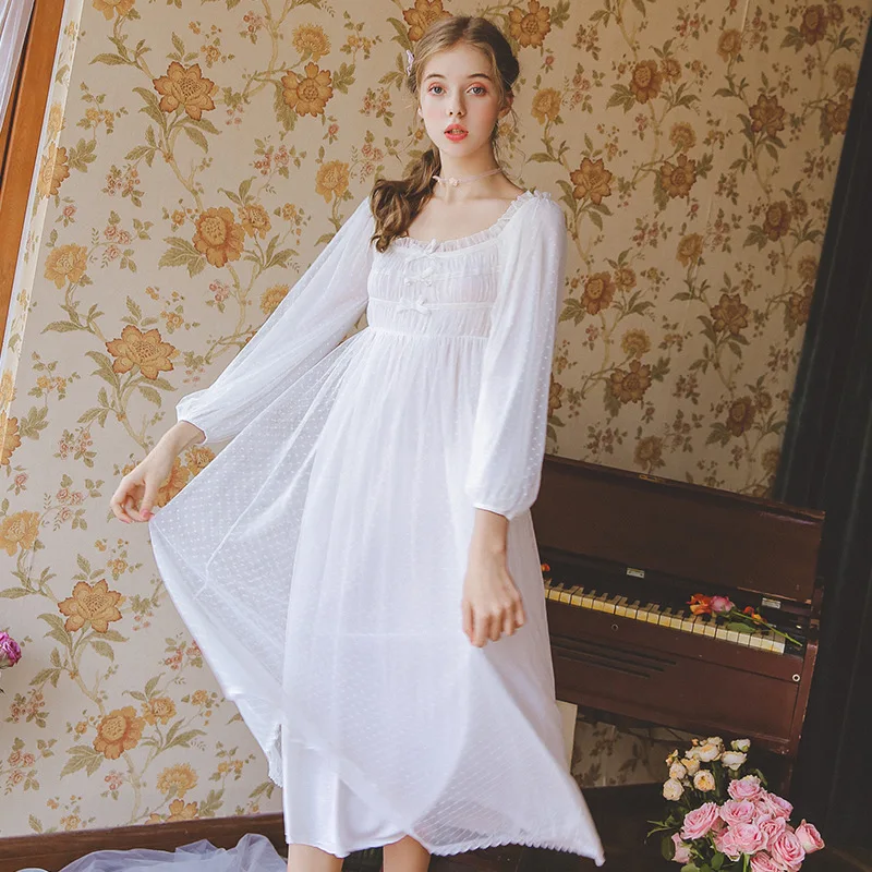 

Sleepwear Summer And Autumn Nightdress Female Cotton Long-Sleeved Sexy Sweet Lace Flower Smoke Skirts Home Service GZ36