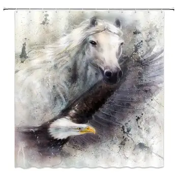 

Animal Decor Shower Curtain Painting Horse and Bald Eagle Fabric Bathroom Curtains, Waterproof Polyester with Hooks