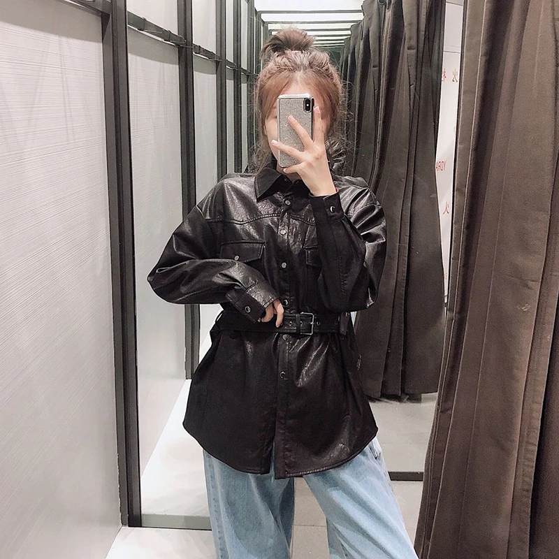 Stylish Pu Leather Jacket Women Turn Down Collar Pockets Fashion Black Coat Female Sashes Long Sleeve Streetwear Outwear Tops