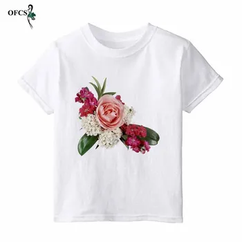 

Children's Birthday Gift Size 3-12 T Flowers shirt Cotton T-shirt Boy And Girl Fashion Short Sleeves Clothes White Printed Top