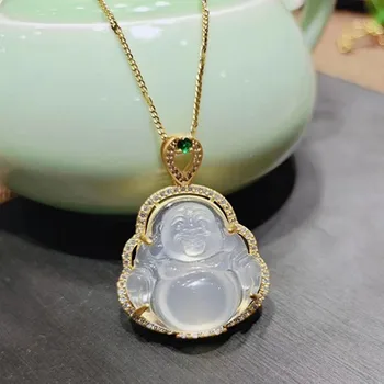 

Natural Ice Chalcedony Buddha Pendant Gold-Plated Inlaid Maitreya Buddha Pendant Necklace Fashion Women's Sweater Chain Wholesal