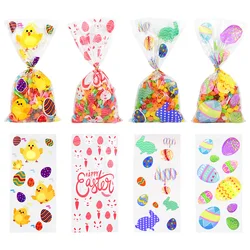 50pcs Happy Easter Decoration Gift Bags Easter Bunny Rabbit Printed Candy Cookie Bag Transparent Clear Easter Gifts Packaging