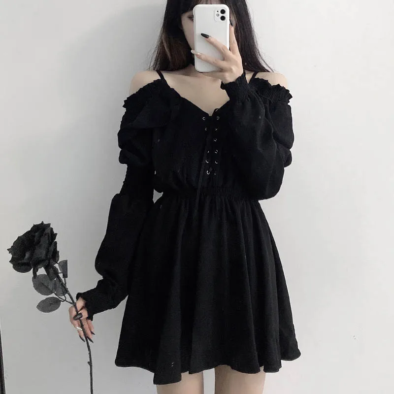 JMPRS Plus Size Gothic Women Black Mini Dress Sexy Off Shoulder High Waist Tunic Ladies Party Dress Long Sleeve V Neck Vestidos a line dress