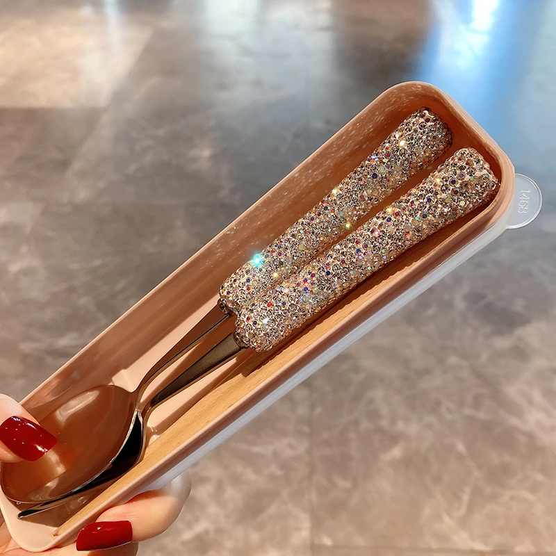 Sparkling Diamond Spoon And Fork Set 304 Stainless Steel Forks Eco Friendly Cutlery Set