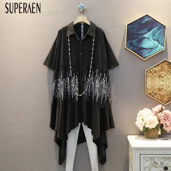 

SuperAen Pluz Size Shirts Women 2020 Summer New Korean Style Ladies Blouses Lapel Sequin Short Sleeve Women Clothing