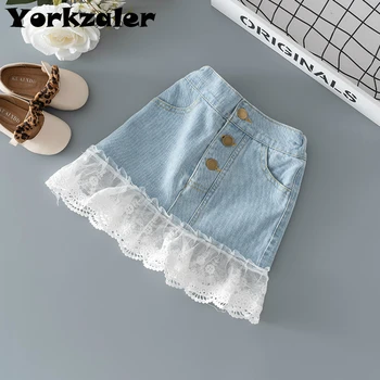 

On Sale 2020 Chilren Summer A-line Jeans Short Skirt Button High Waist Denim Pockets Skirt Kids Girls Lace Jeans Skirts