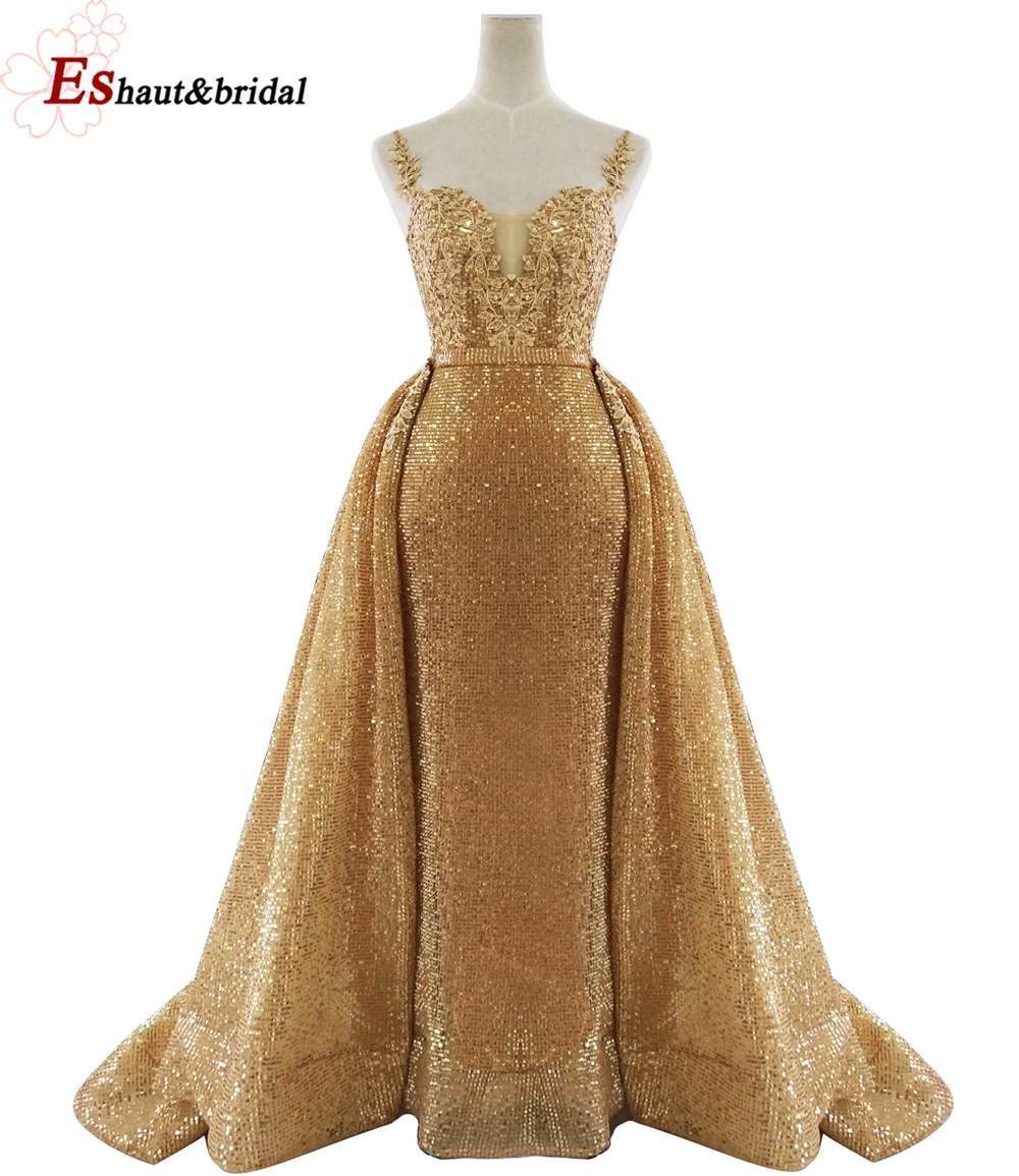 

2019 New Arrival Gold Sequins Evening Dress V-neck Sleeveless Detachable Cape Long Prom Party Wedding Gown
