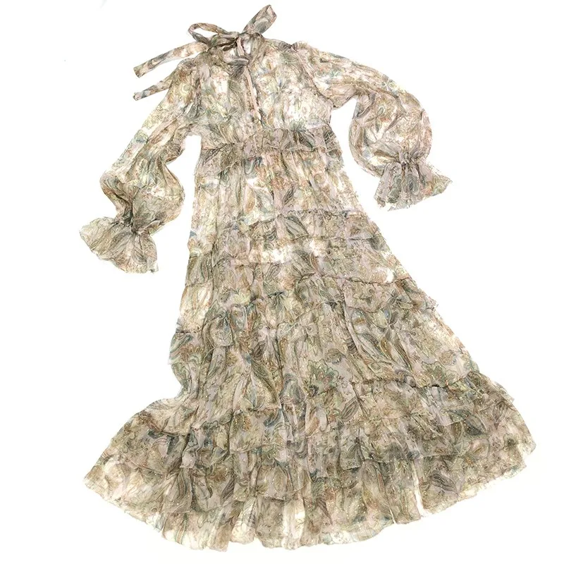 

Kawaii Silk Dresses For Women 2020 Fall High Quality Gold Shining Self Bow Tie Layers Ruffles Long Sleeve Elegant Desginer Cloth