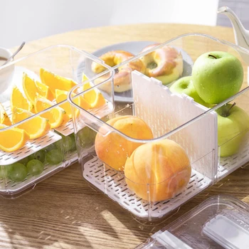 

Home Fridge Organizer Fruit Vegetable Drain Storage Box Transparent Containers Kitchen Double Sealed Portable Rectangle With Lid