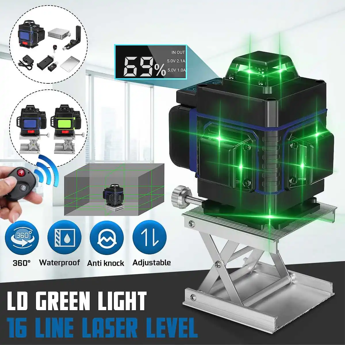 Лазерный уровень 16 линий 3D самонивелирующийся 360 горизонтальный и вертикальный крест супер мощный зеленый лазерный луч линии