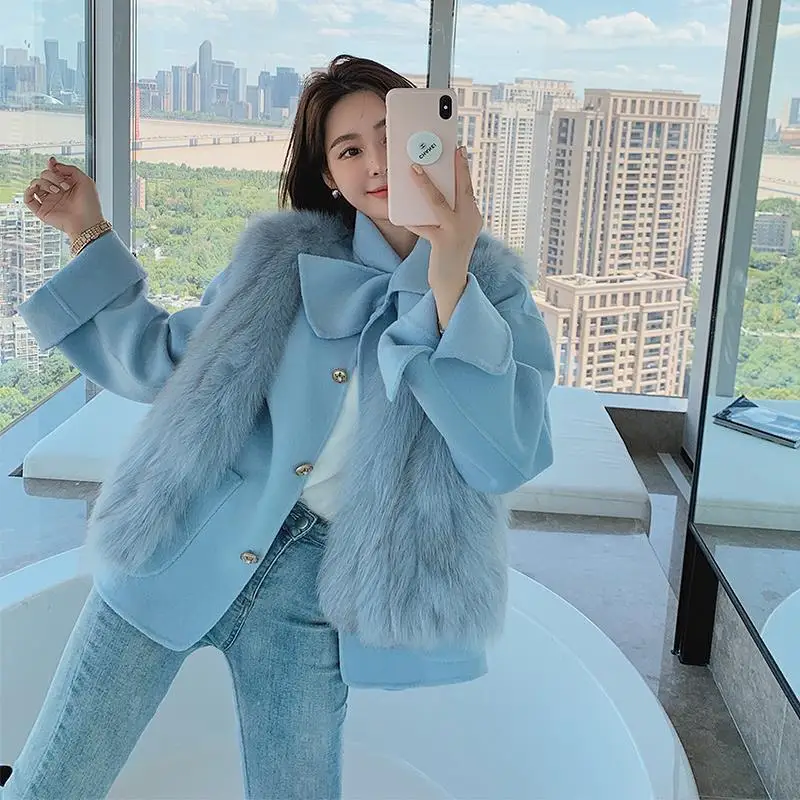 

Women Two-Piece Faux Fox Fur Vest Coat and Wool Jacket Fashion Full Bow O-Neck Single Breasted Luxury Women 2020 Winter New