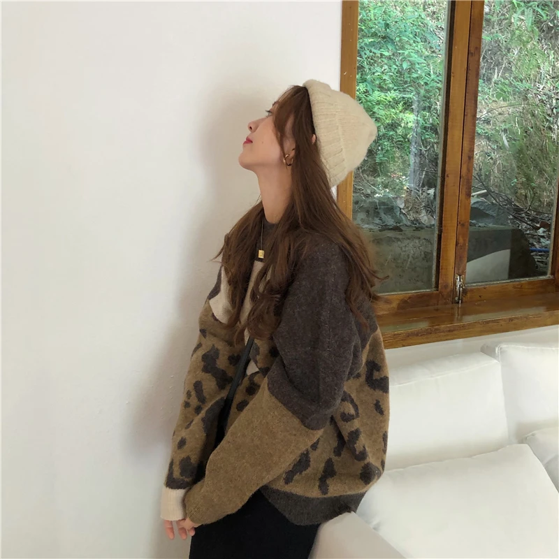 Woherb Harajuku, женские свитера, новинка, джемпер Sueter Mujer, контрастный Леопардовый принт, женский свитер большого размера, пуловеры в Корейском стиле