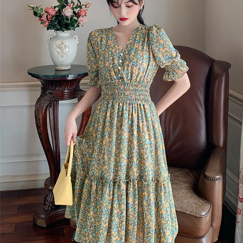 

Large size fashion women pink floral midi dress short sleeve buttons ladies elegant v neck vintage Chiffon dress