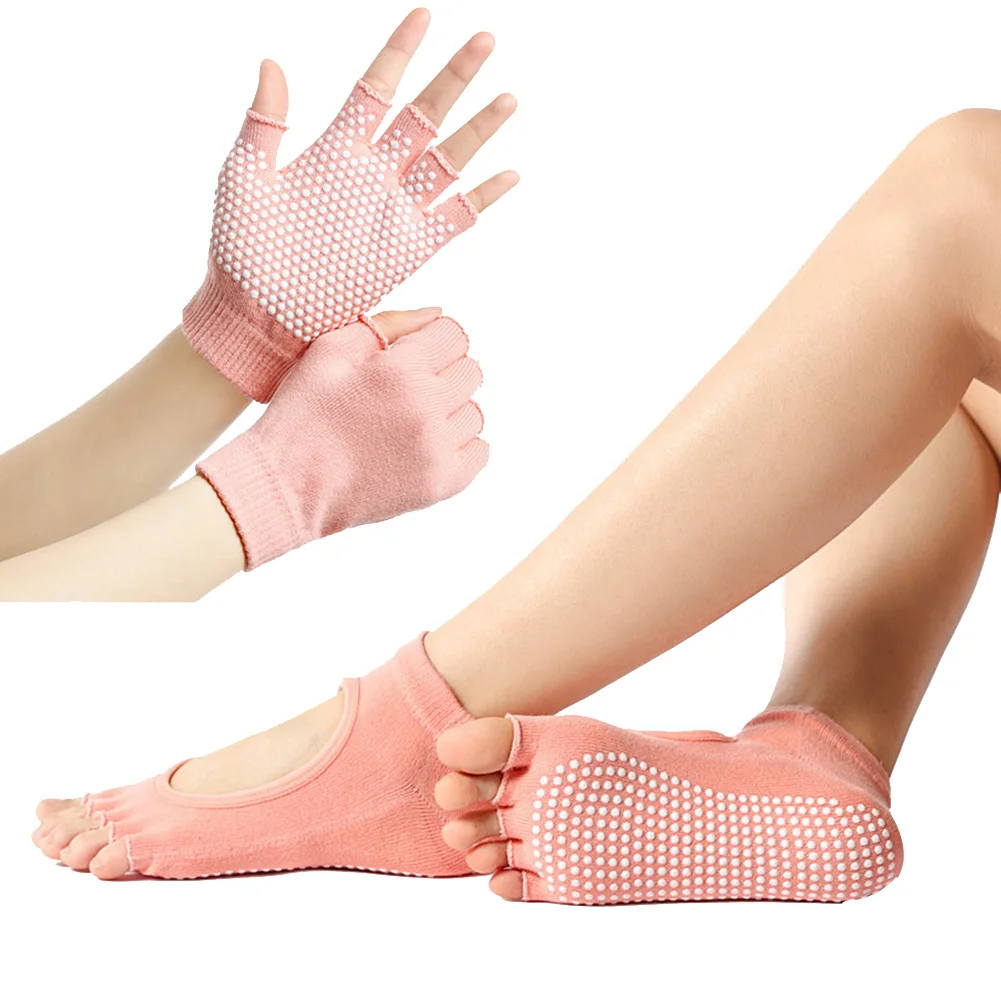Pink semi-finger Новые спортивные носки и Перчатки для фитнеса и йоги, набор дышащих Противоскользящих перчаток с пятью носками SD669 - Цвет: Pink semi-finger