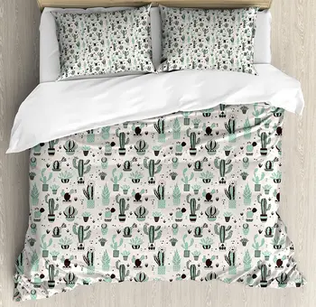 

Cactus Duvet Cover Set Doodle Style Cartoon Plant Arrangement with Geometrical Background Foliage Bedding Set Mint Black Beige