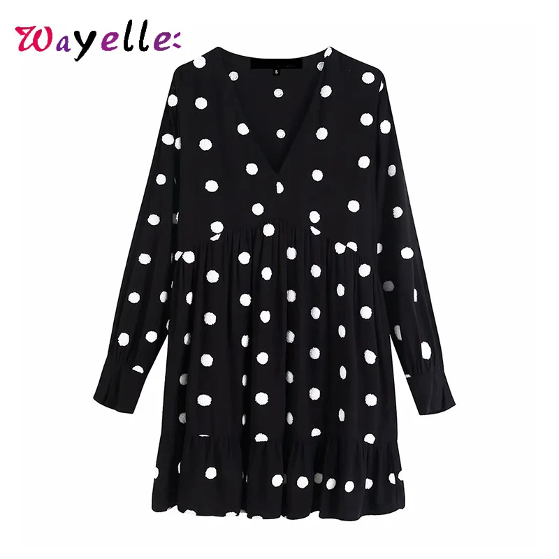 

Dot Ruffles Women Dress V-Neck Embroidered Polka Loose Lady Dress Long Sleeve Chic Sweet Mini Dress korean A-Line Women Dress