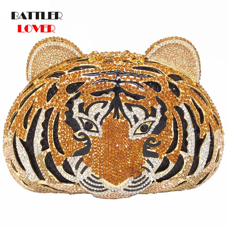 Bags for Women Tiger Face Rhinestone Women Handbags Crystal Bag Evening Metal Clutches Purse Hollow Out Diamond Wedding Clutch