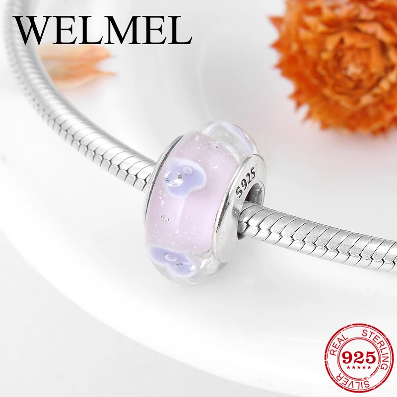 

New Authentic 925 Sterling Silver Pink Fine Heart Murano Glass Beads Fit Original Pandora Charms Bracelet Jewelry making 2018