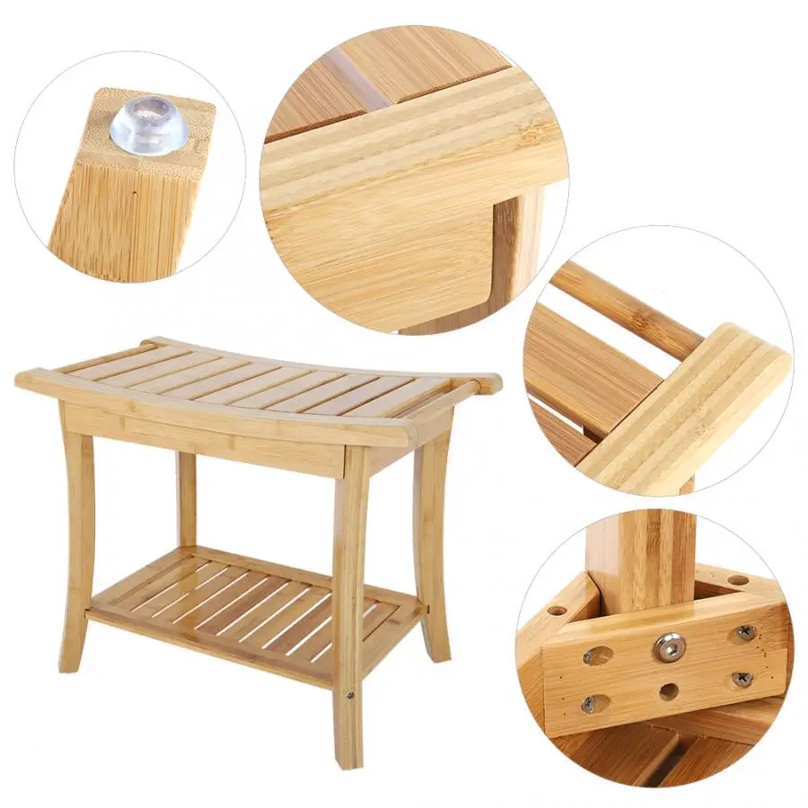 Bathing stool natural bamboo anti-slip shower  bathroom spa bath organizer stool w/ storage shelf