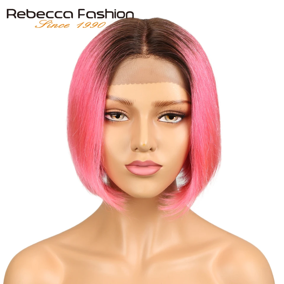 Rebecca шелковистая причёска Боб с прямыми волосами фронта шнурка человеческих волос парики для женщин два тона 2/розовый цвет средней части парик, окрашенный Омбре 120 г - Цвет волос: TT2-PINK