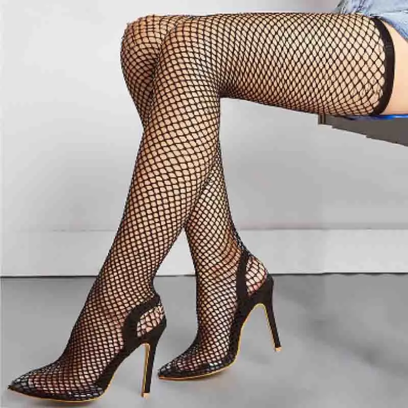 Summer Fishnet Sock Boots For Women 2021 Sexy High Heels Sandals Female Over The Knee Pumps Ladies Street Party Mesh Sandalies