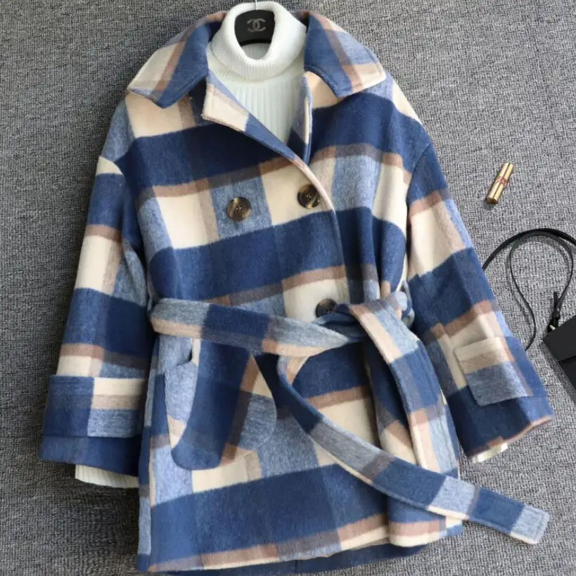 

autumn winter peter pan collar woolen coat women preppy style double breasted short plaid wool blends coat