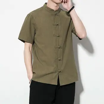 

Plus Size M-5XL Personality Men Solid Color Stand Collar Short Sleeve Loose Shirt Chinese Style Tang Suit 2020 New Style