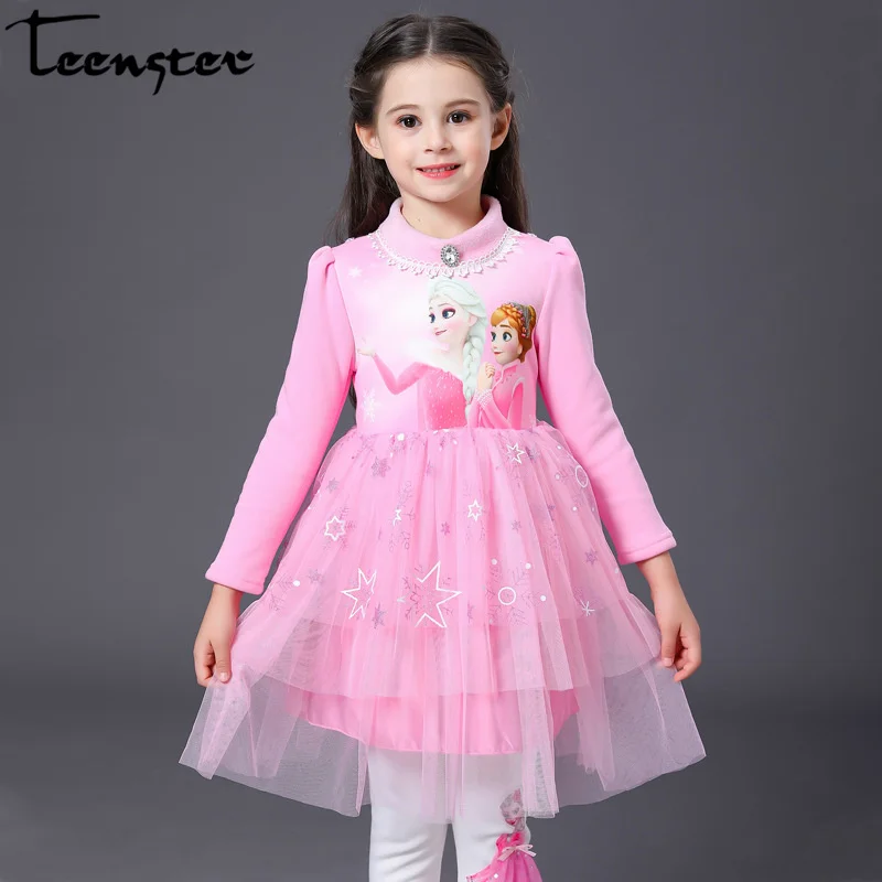 Teenster Рождественская одежда; костюм Эльзы и Анны для подростков; Vestidos; платья для маленьких девочек; зимнее флисовое платье принцессы с длинными рукавами