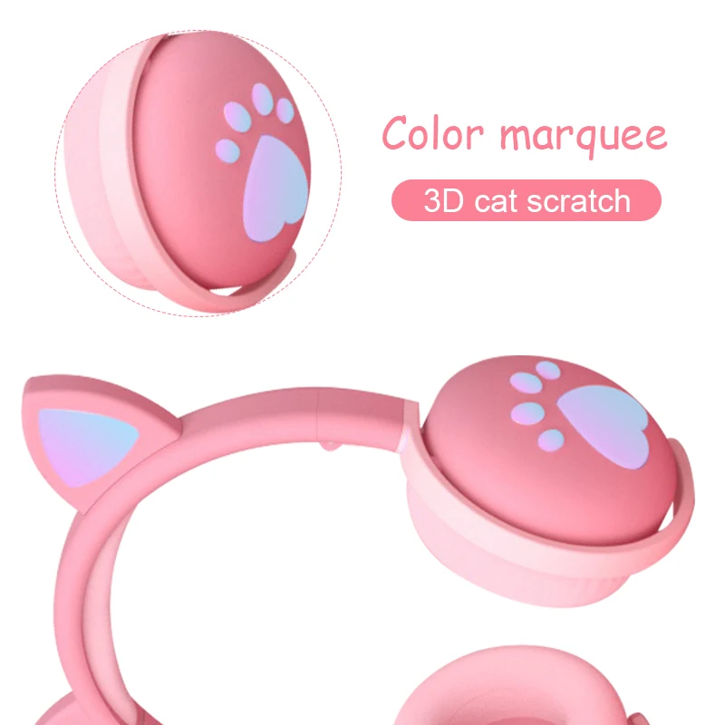 Cute Cat Headphones For Children Kids Wireless LED Light Cat Ear Blue-tooth Compatible Cat Paws Headset With Mic For Girl GIfts
