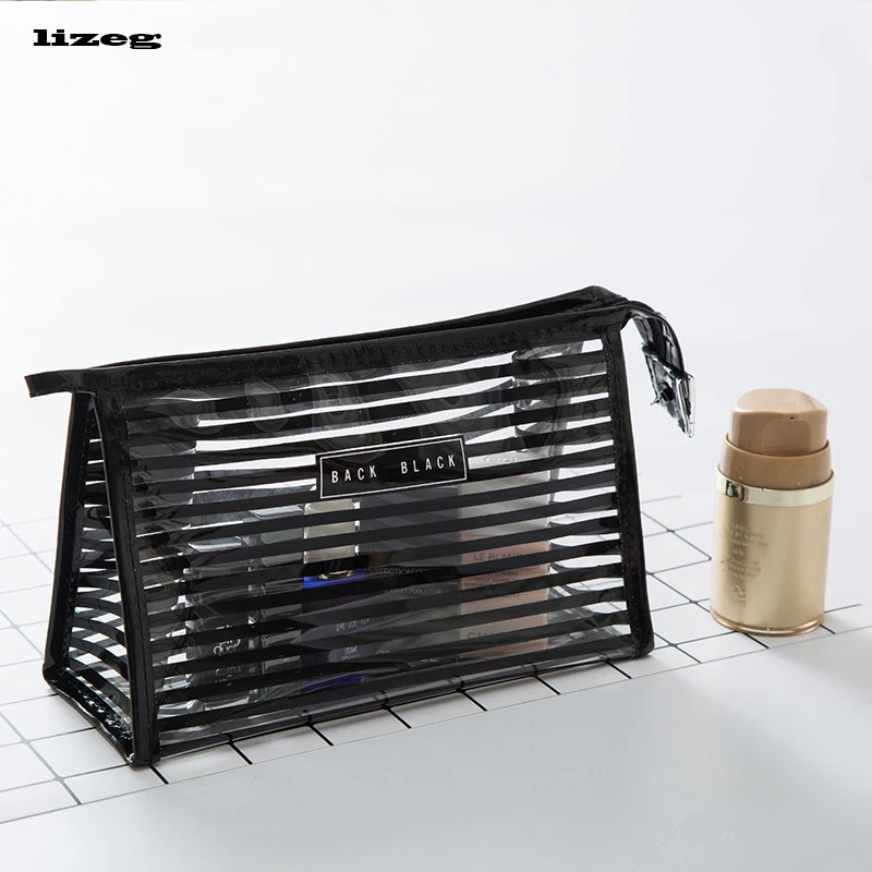 

Women Portable Waterproof Transparent Makeup Bag Fashion Striped Zipper Cosmetic Organizer Travel Toiletry Bag