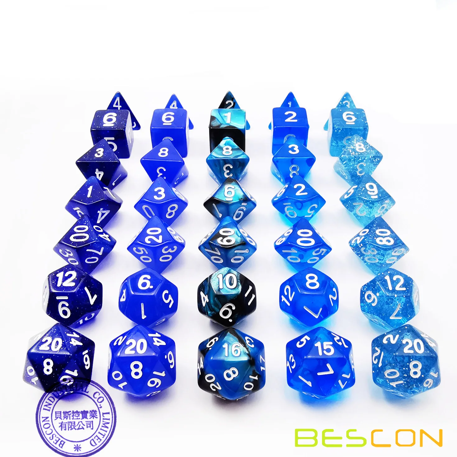 Bescon RPG Dice Set 35pcs Ocean Blue Set, DND Role Playing Game Dice 5X7pcs 4