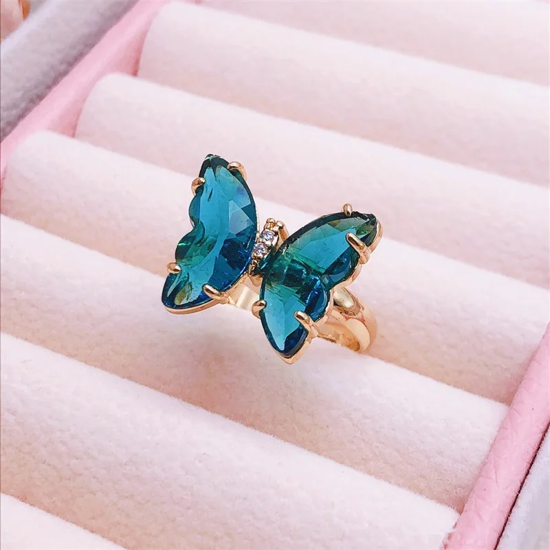 Großhandel Schmetterling Ring Mode Süße Bunte Transparente Kristall Tier frauen Einstellbare Ring Mädchen Party Schmuck Geschenk – Detail 13