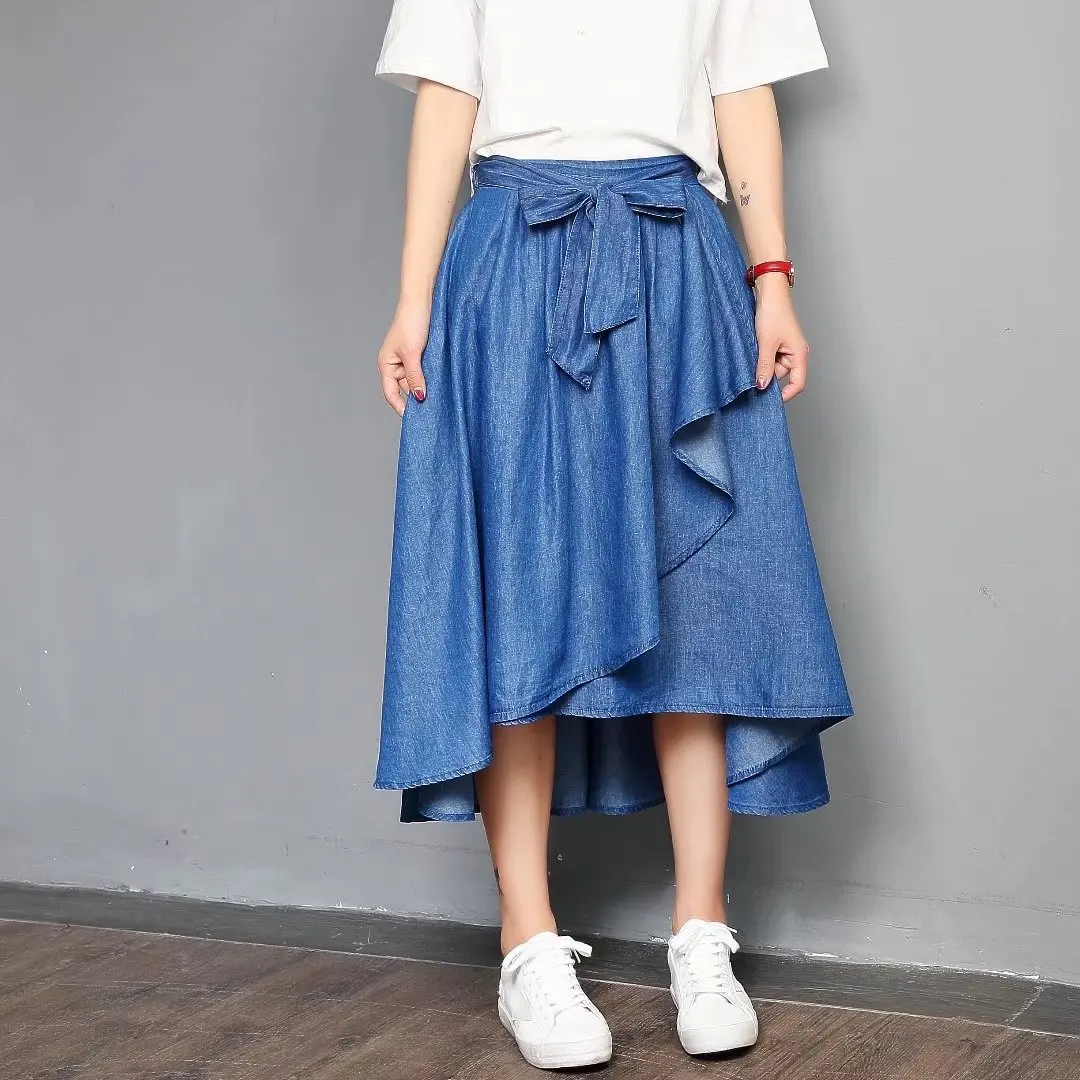 

30002 Summer New Style Irregular Denim Skirt Women's Mid-length Tencel Retro High-waisted Lace-up Big Skirt