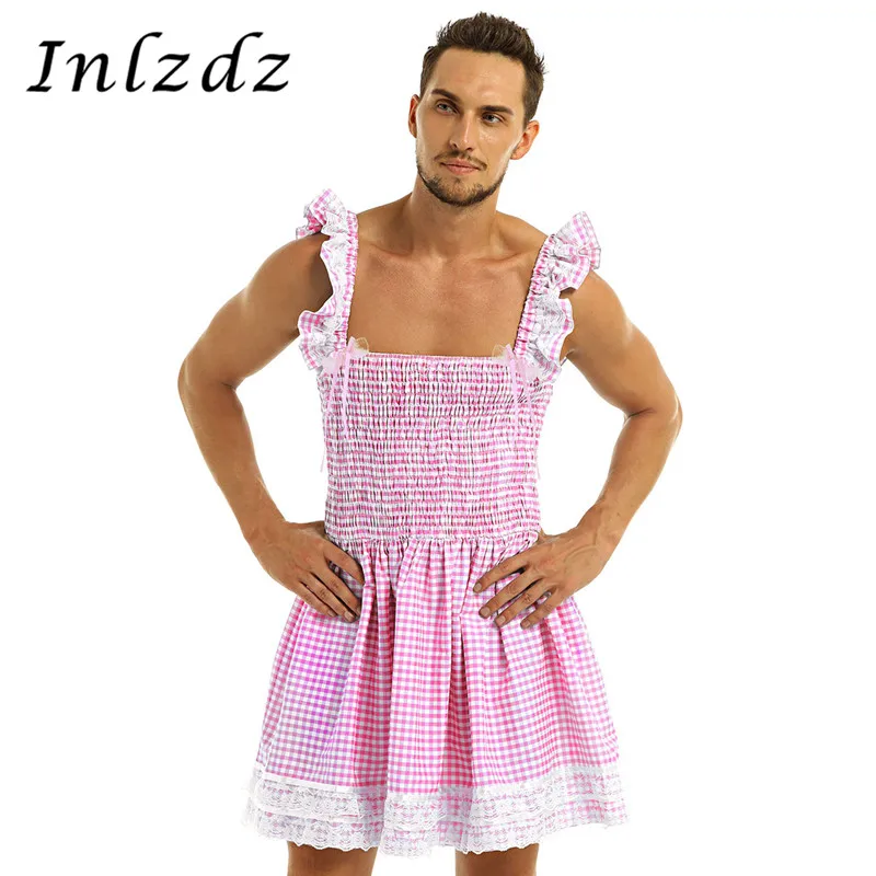 Men Sissy Dress Crossdresser Sleeveless Ruffled Stretchy Sissy Gingham Trimmed Lace Bow Dress Adults Baby Exotic Cross Dresser