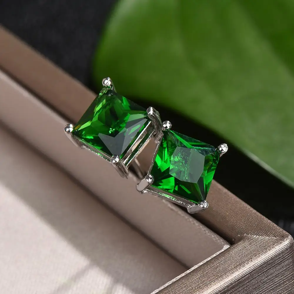 Simple Green Stone Square Stud Earrings For Women Men Princess Crystal Wedding Ear Studs Vintage Bone Earring Mom Jewelry