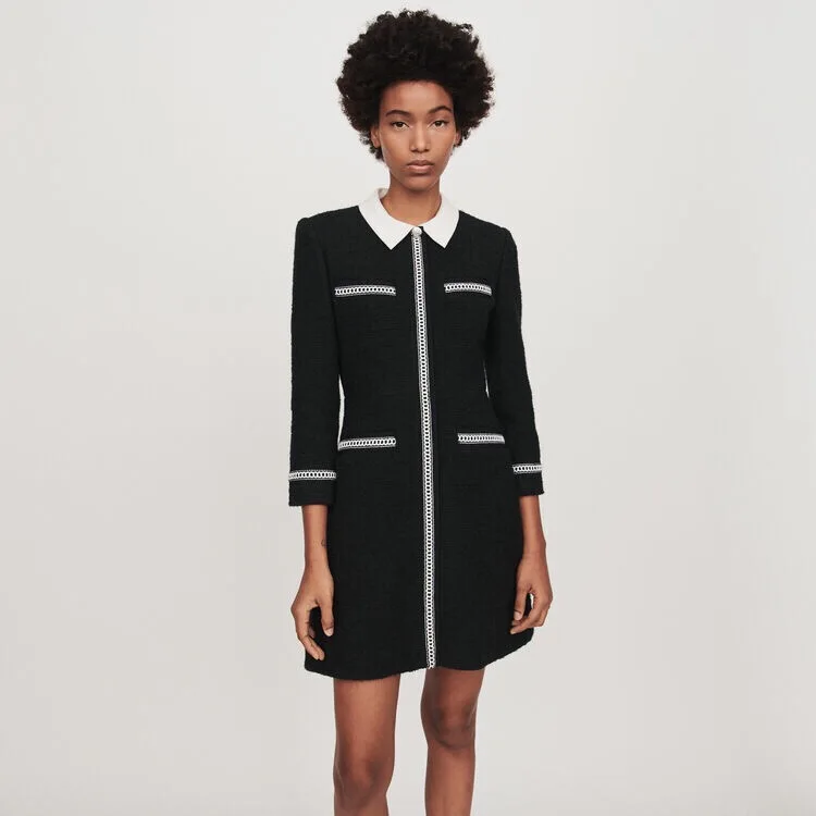 

2019 Classic Black Contrast Striped Woolen Turn-down Collar Long Sleeve Wool Dress Free Shipping Worldwide