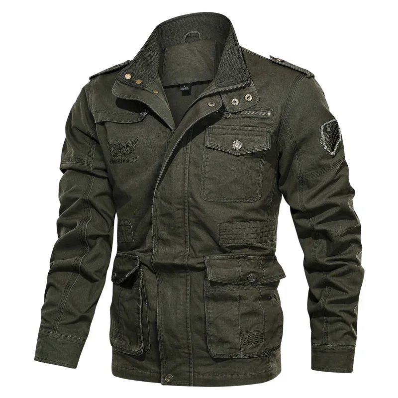 

Mid-length Pure Cotton Casual Large Size Jacket Men's Autumn & Winter Multi-pockets Workwear Stand Collar Loose-Fit Coat